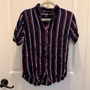 Distortion Men's Navy Red & White Striped Casual Button-Down Shirt (S)